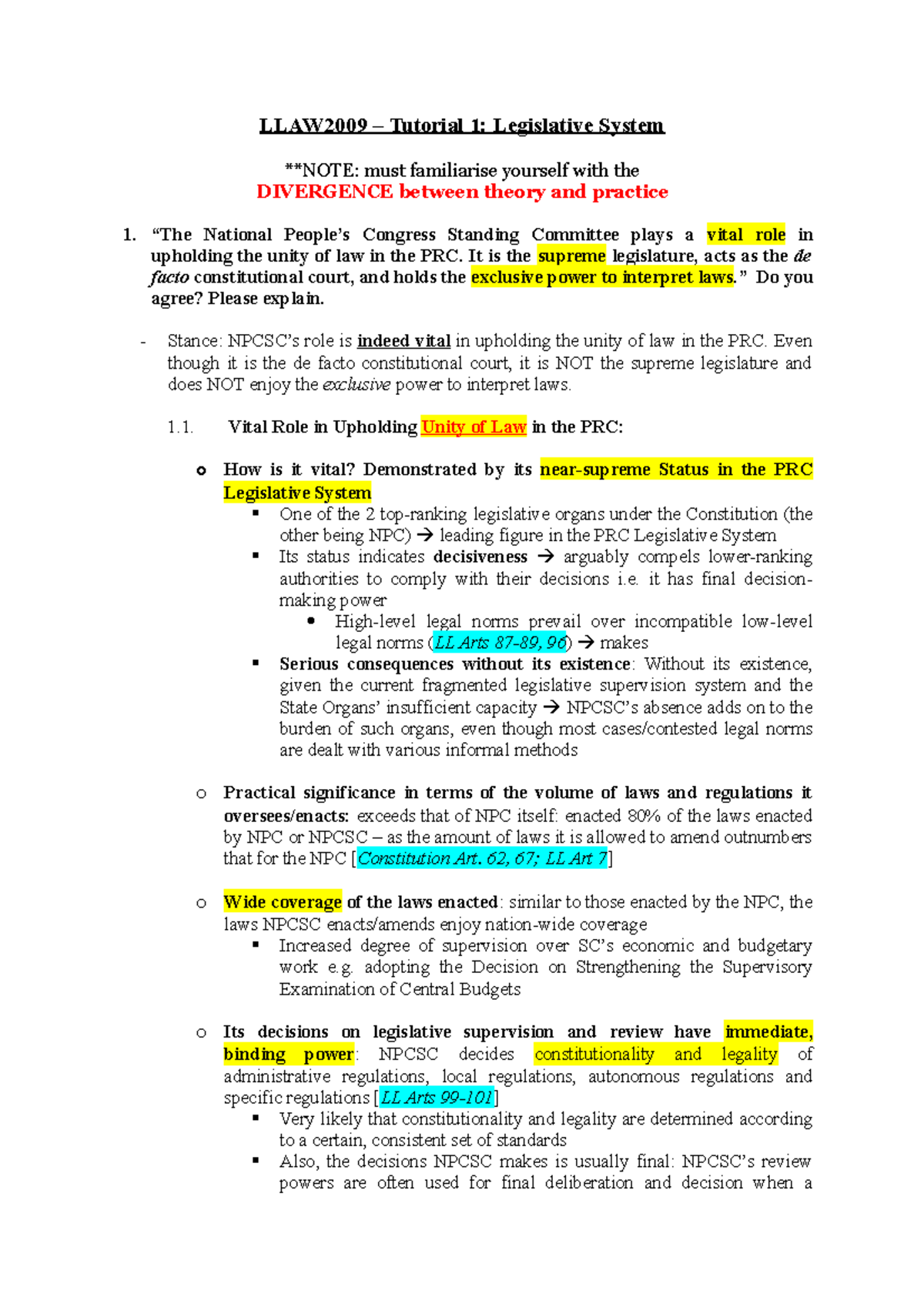 Tutorial 1 Notes - Final Grade: A - LLAW2009 – Tutorial 1: Legislative ...