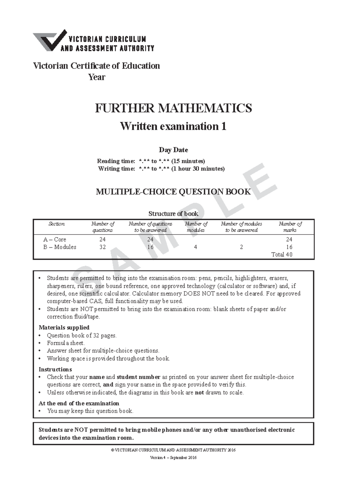 2016 exam 1 - S A M P L E FURTHER MATHEMATICS Written examination 1 Day ...