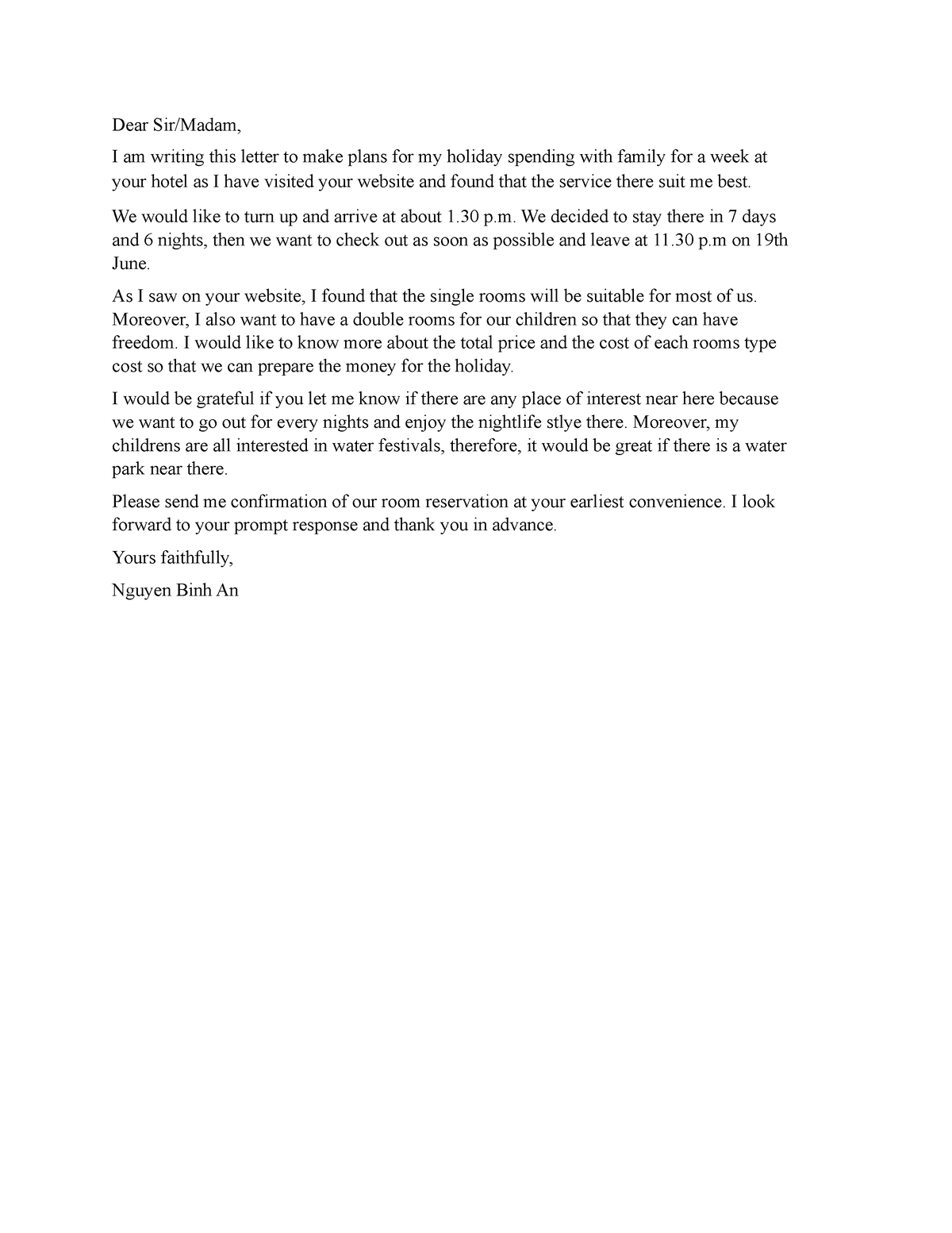 Letter - Dear Sir/Madam, I am writing this letter to make plans for my ...