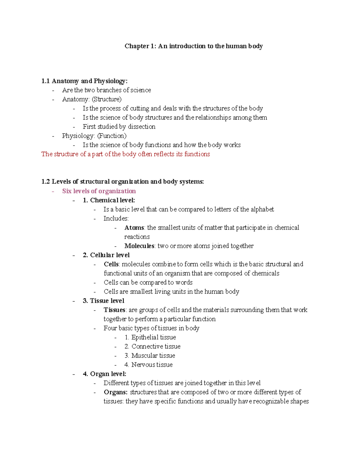 Chapter 1 - Lecture 1 notes - Chapter 1: An introduction to the human ...
