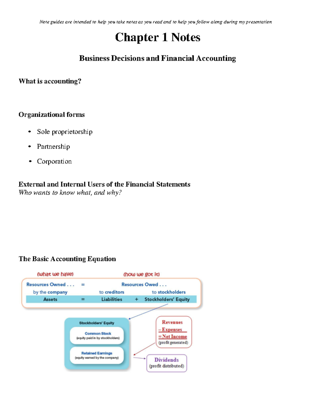 Accounting Chapter 1 - Note Guides Are Intended To Help You Take Notes ...