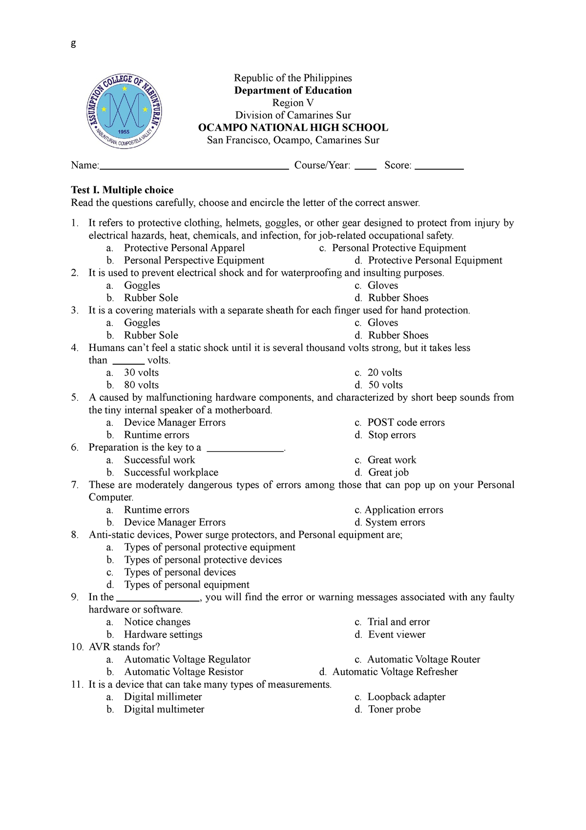 Grade 9 ICT test paper 092954 - g Republic of the Philippines ...