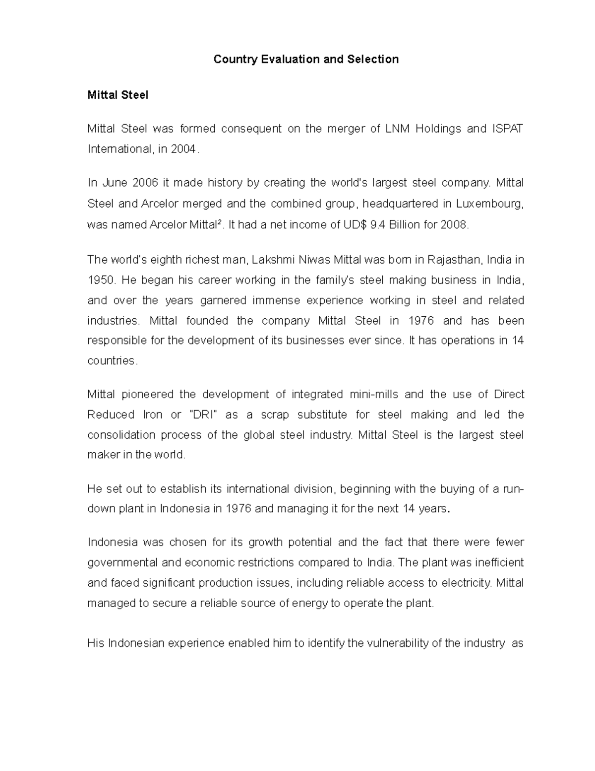 Mini case studies on country evaluation and selection - International ...