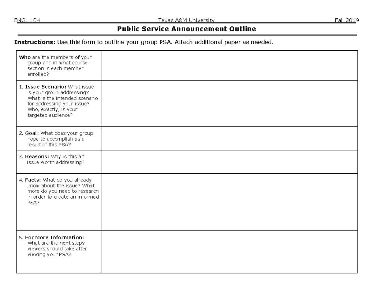 PSA outline Work from class notes. ENGL 104 Texas A&M University