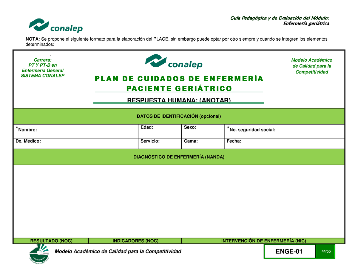 Geriatria - Place en paciente geriatrico - Modelo Académico de Calidad para  la Competitividad - Studocu