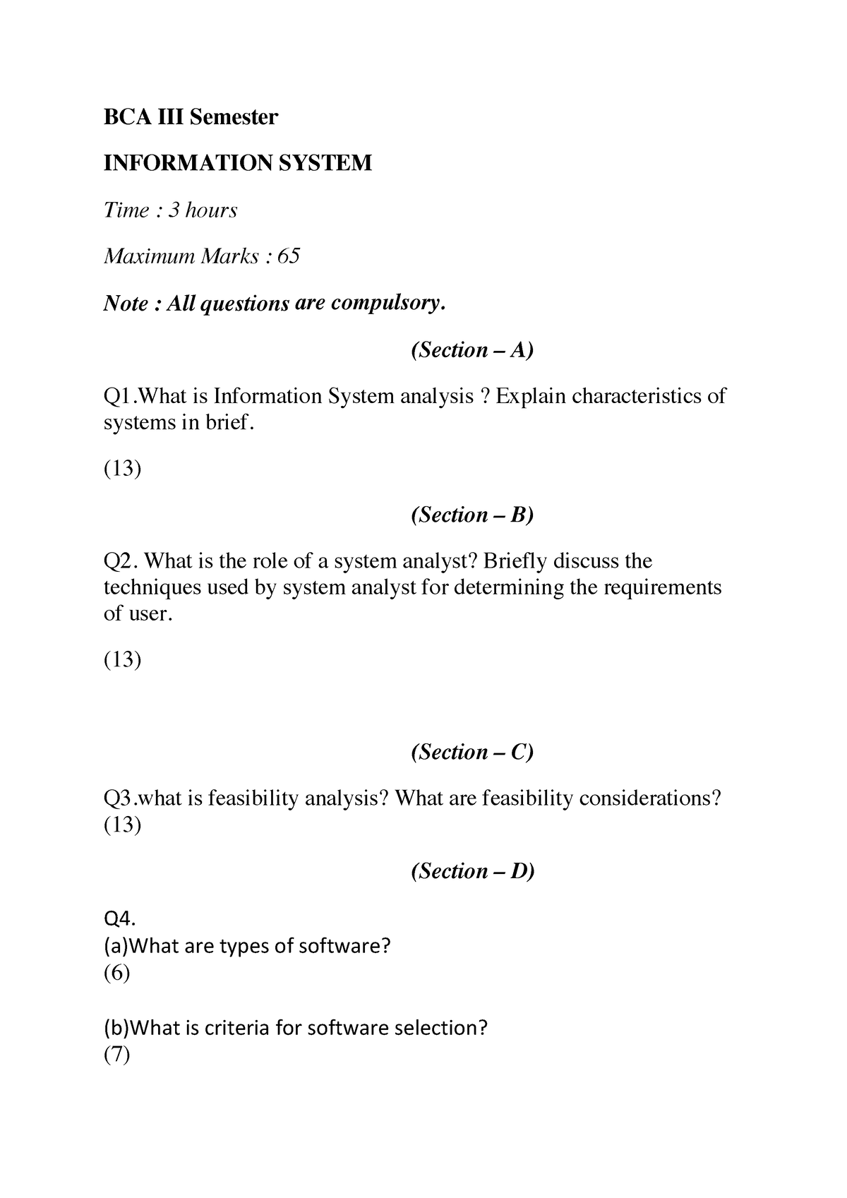 BCA III Semester - Bca 3 - BCA III Semester INFORMATION SYSTEM Time : 3 ...