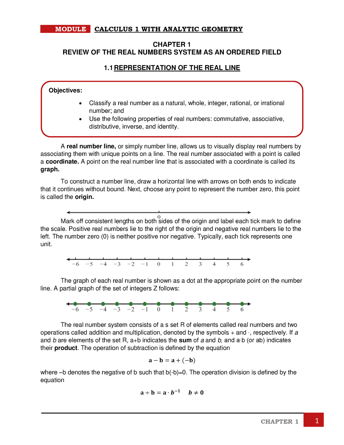 Chapter 1 Review OF THE REAL Numbers System AS AN Ordered Field ...