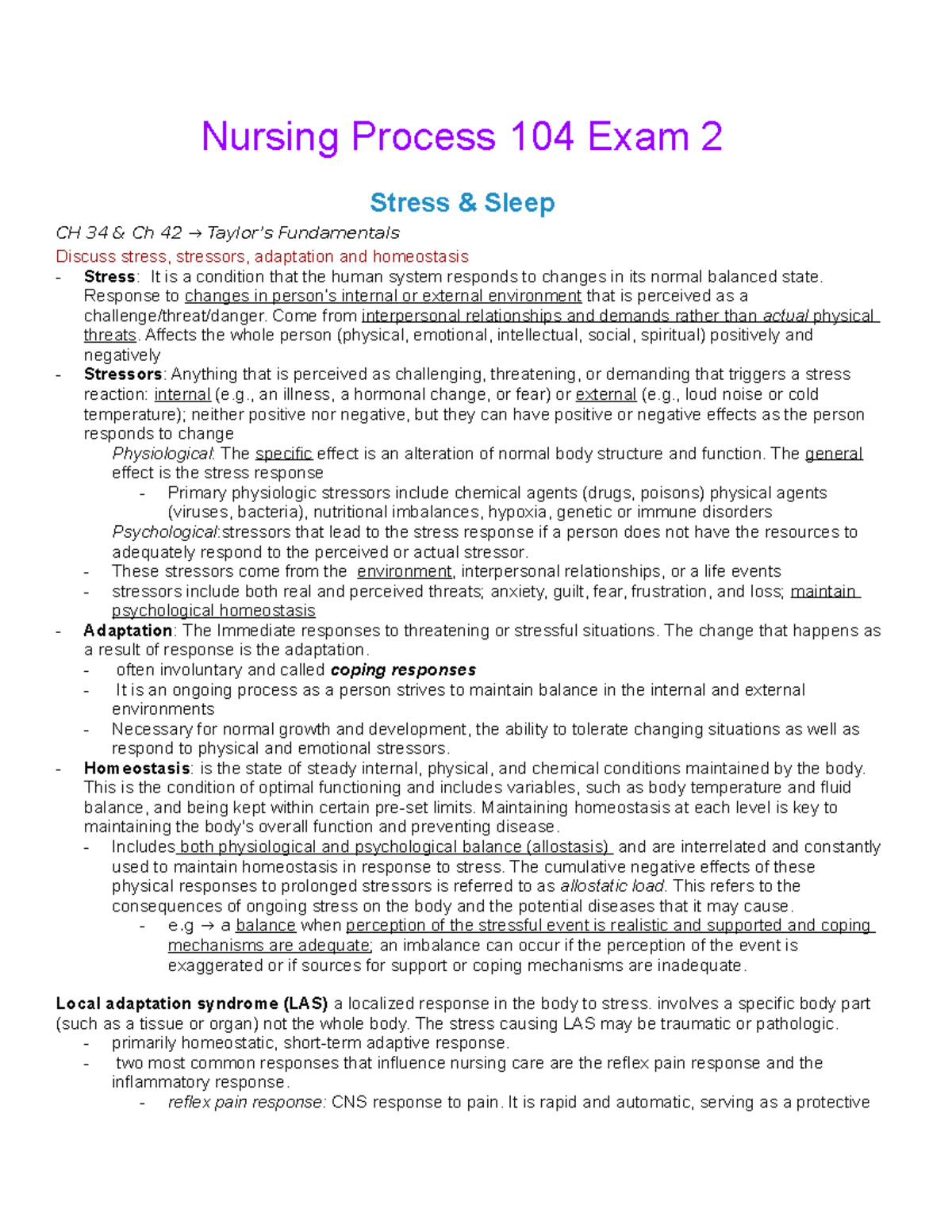 Nursing Process 104 Exam 2 Nursing Process 104 Exam 2 Stress & Sleep