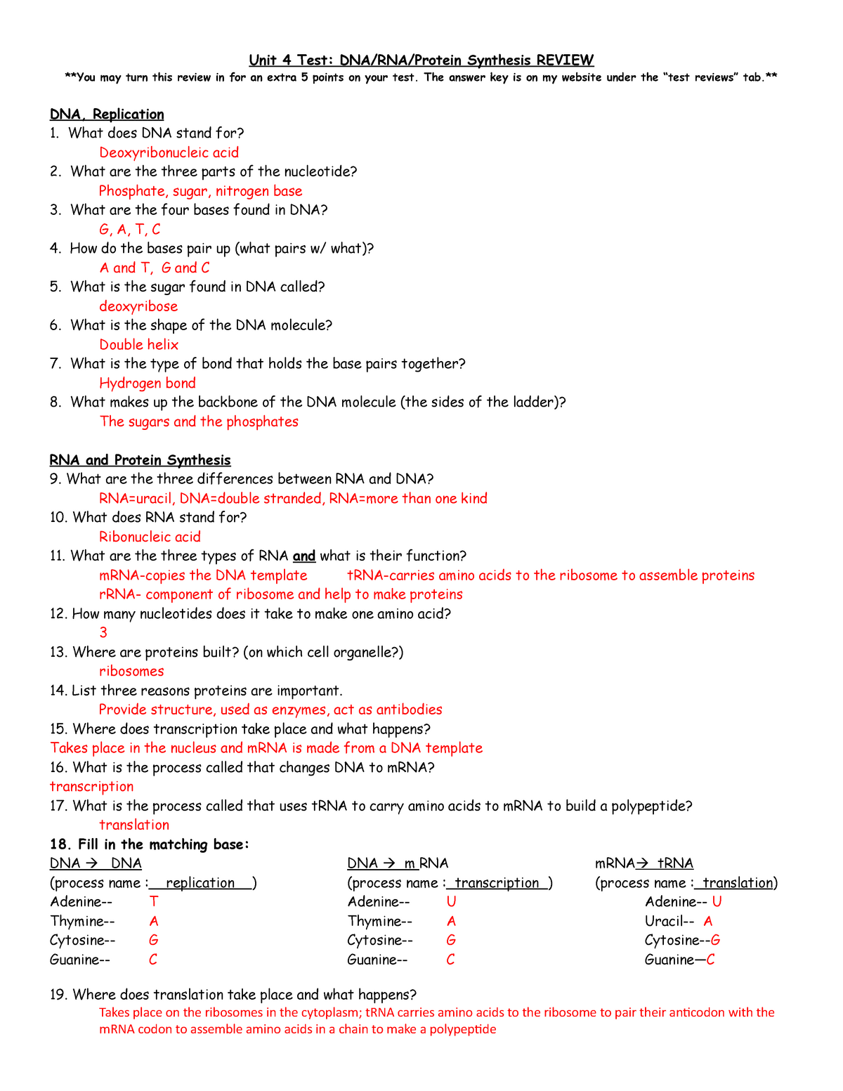 Unit 11 review- DNA-RNA Review ANswers - HORT 11 - Horticulture Within Dna And Rna Worksheet Answers