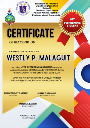 Most panctual - document - Certificate OF RECOGNITION P R O U D L Y P R ...