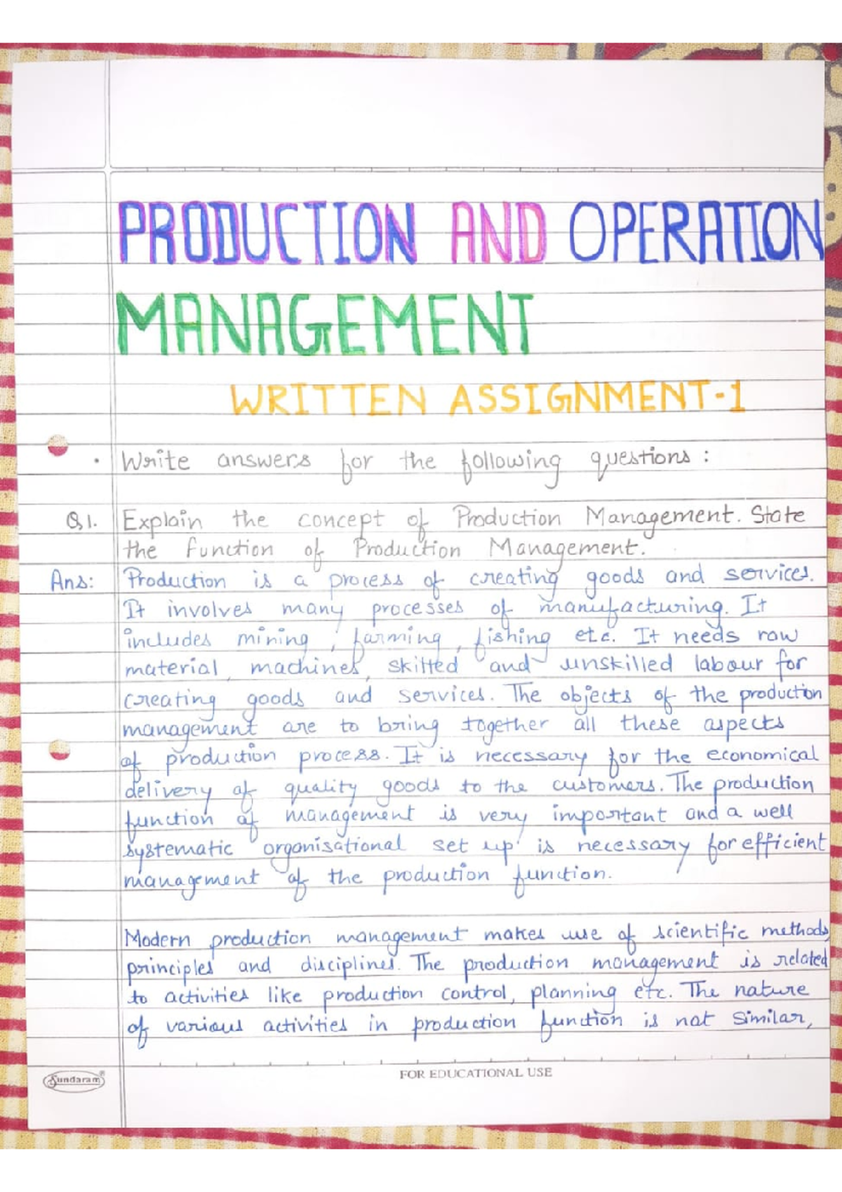 Production AND Operation Management- Written Assignment-1 - Master of ...