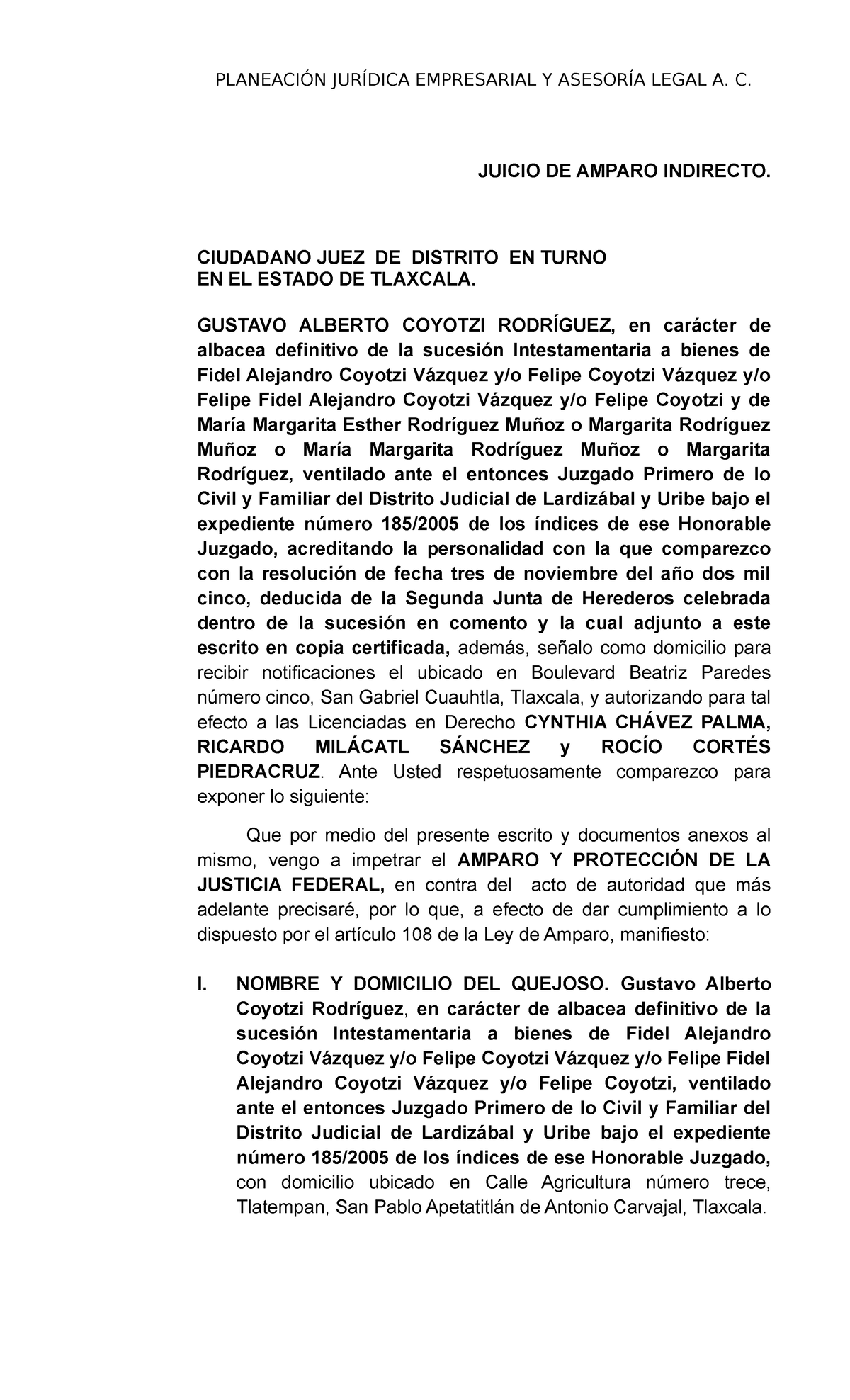 2.- Demanda de Amparo vs falta de llamamiento a juciico sucesorio Gvo ...