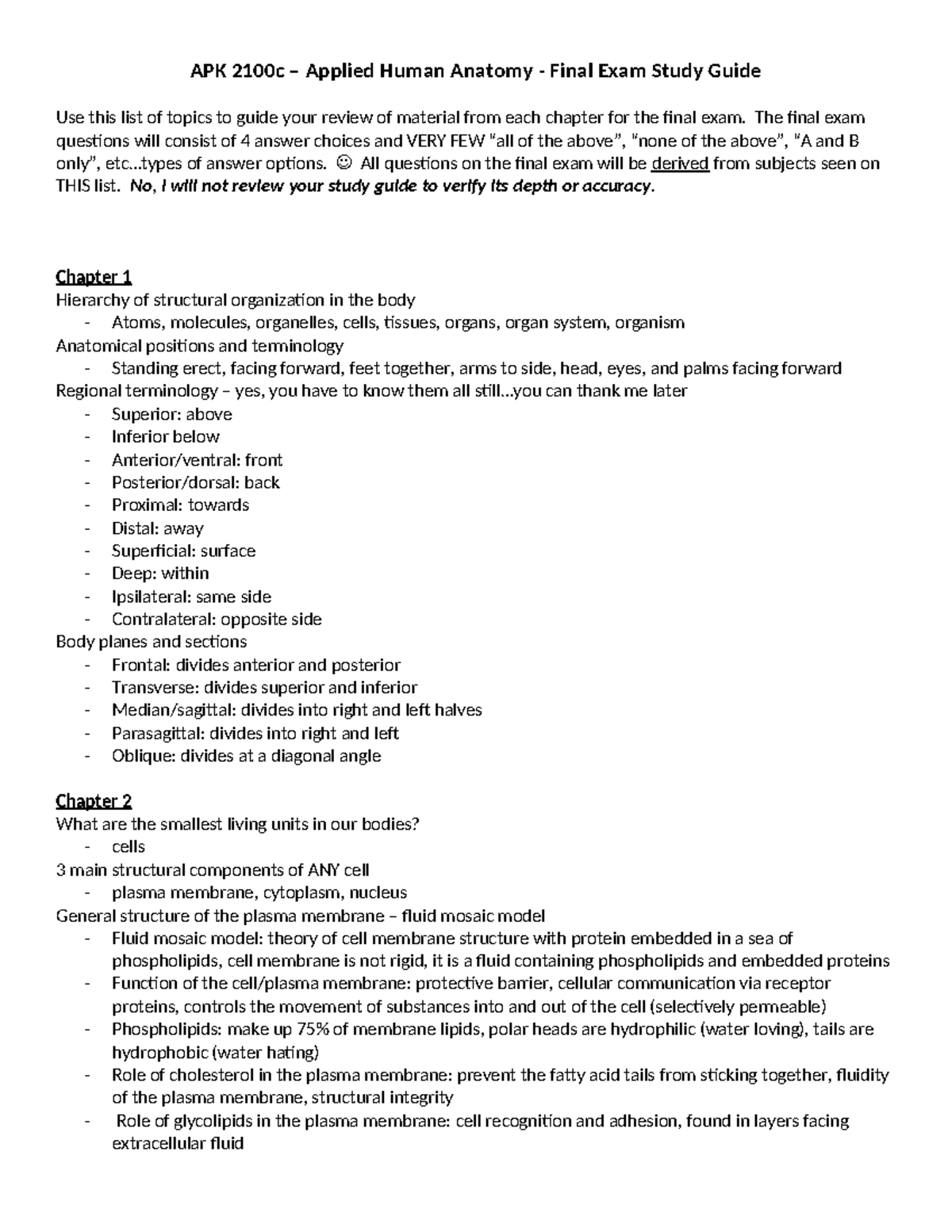 Study guide APK 2100c Applied Human Anatomy Final Exam Study