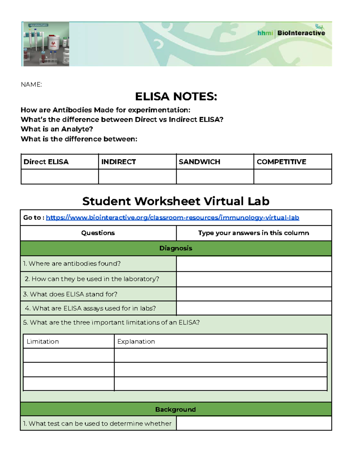 Copy of Student Template Elisa Testing for Lupus - NAME: ELISA NOTES ...