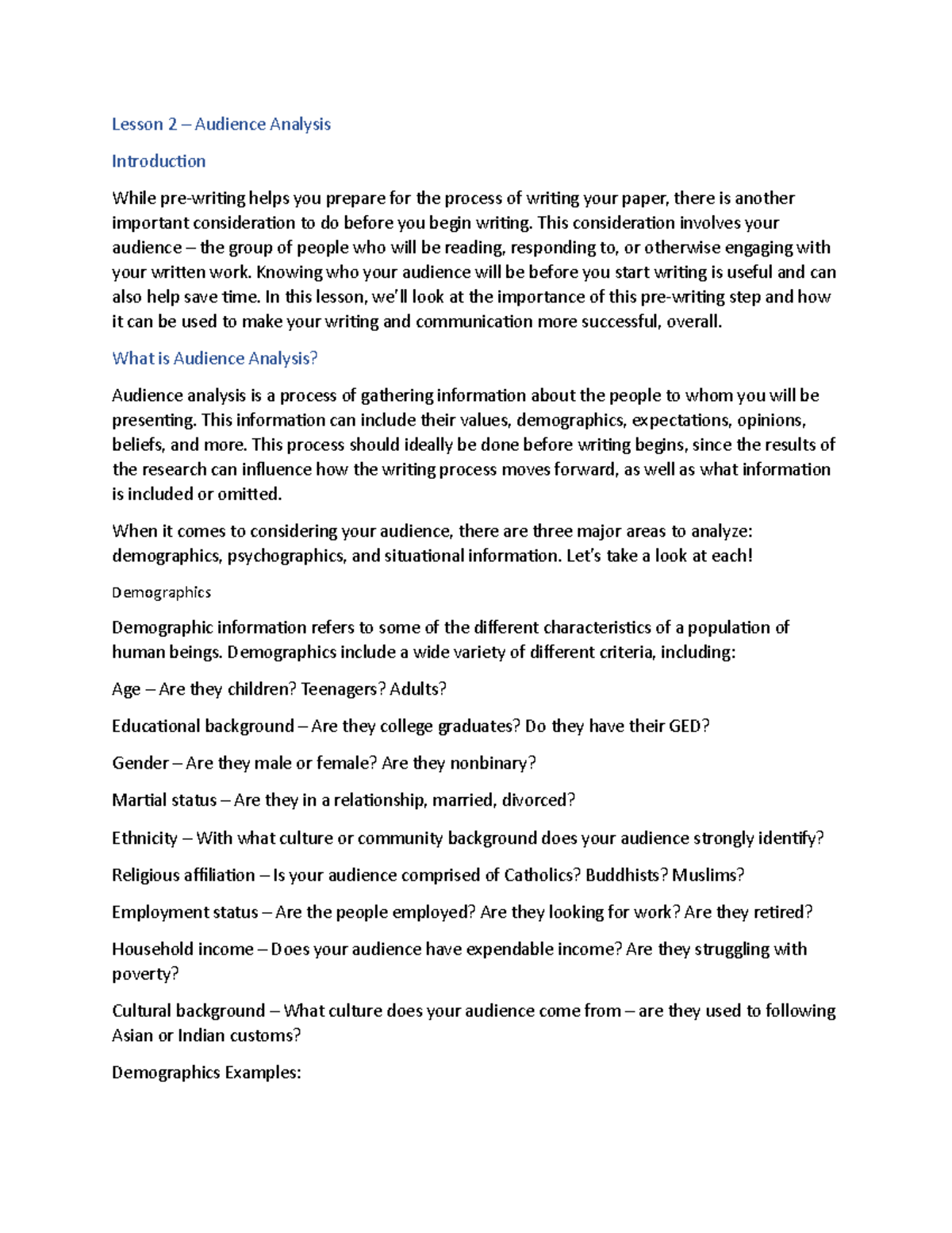 Lesson 2 Audience Analysis Lesson 2 Audience Analysis