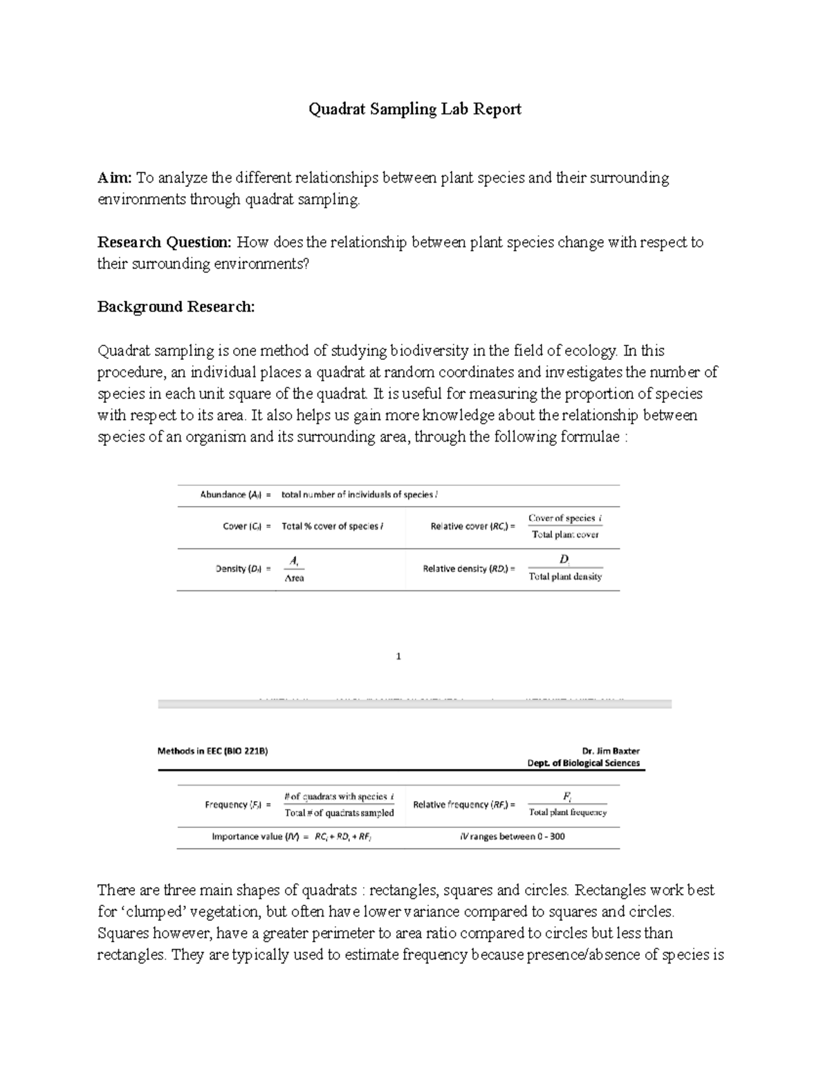 Quadrant sampling lab report - Quadrat Sampling Lab Report Aim: To ...