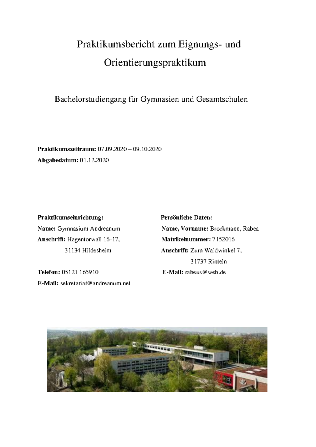 Brockmann, Rabea (7152016 ) - Praktikumsbericht zum Eignungs- und ...