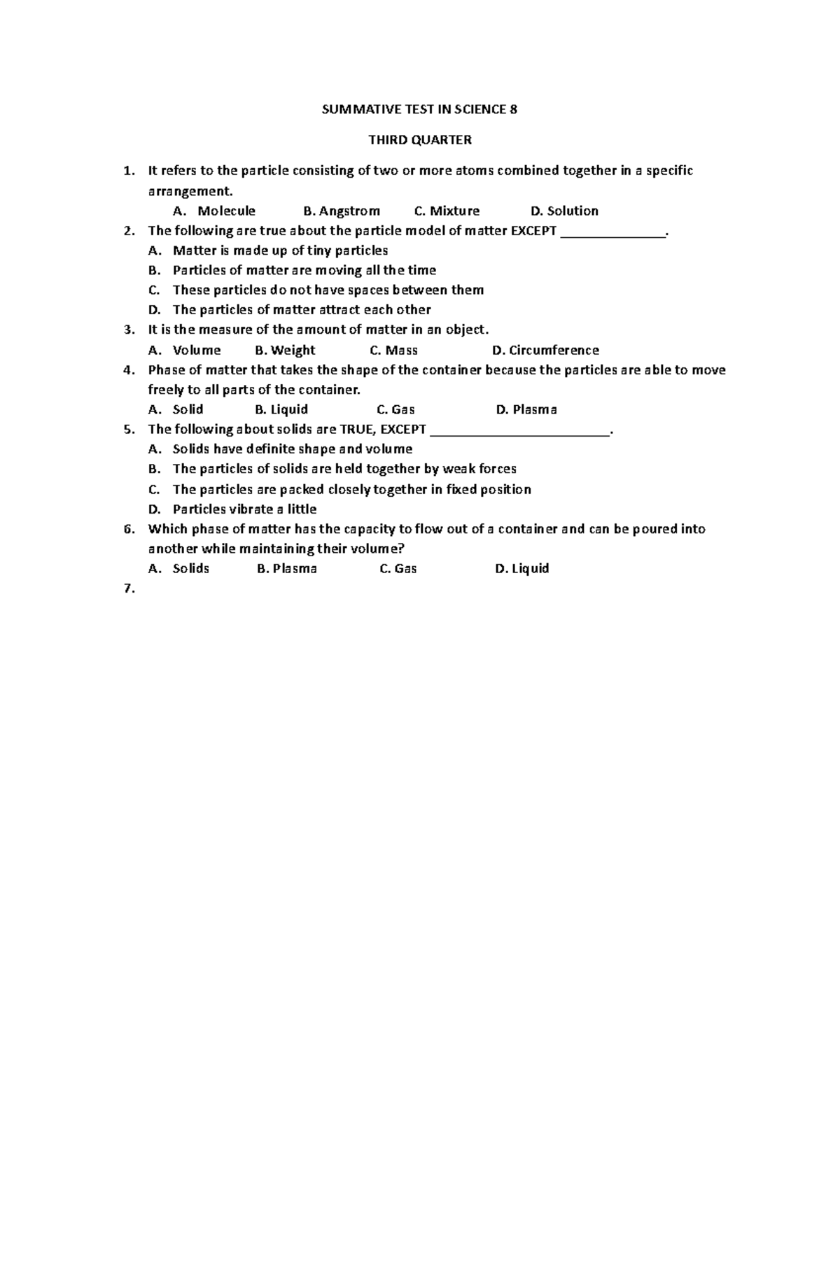 Summative TEST IN Science 8 - SUMMATIVE TEST IN SCIENCE 8 THIRD QUARTER ...