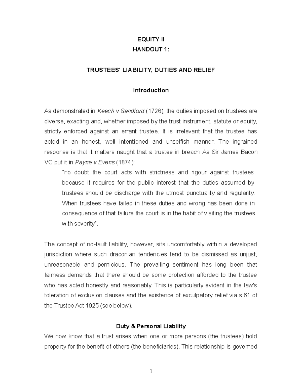 Equity 2 2019 Handout 1 Duties EQUITY II HANDOUT 1 LIABILITY, DUTIES AND RELIEF Introduction