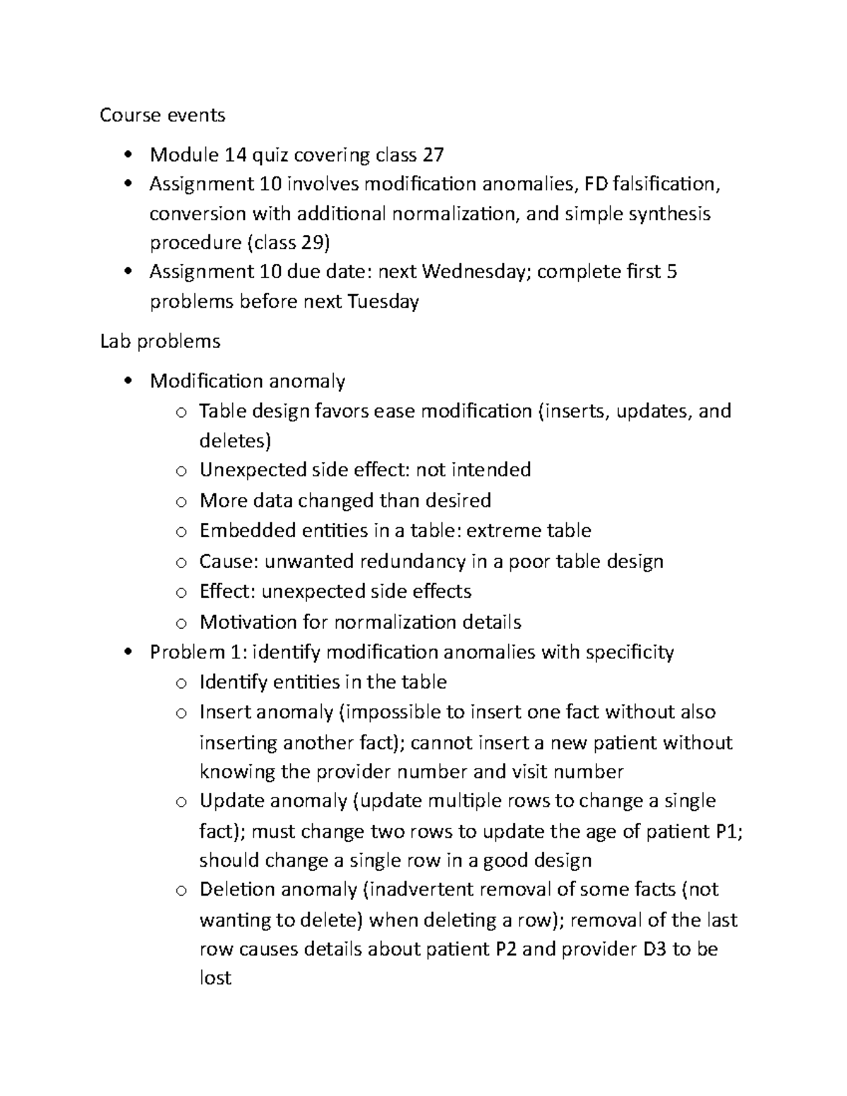 Class 28Recording Notes - Course events Module 14 quiz covering class ...