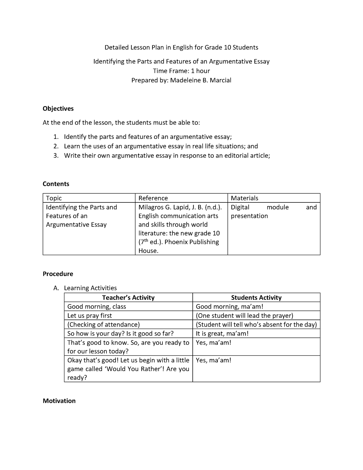 Lesson Plan On Argumentative Essay Detailed Lesson Plan In English 