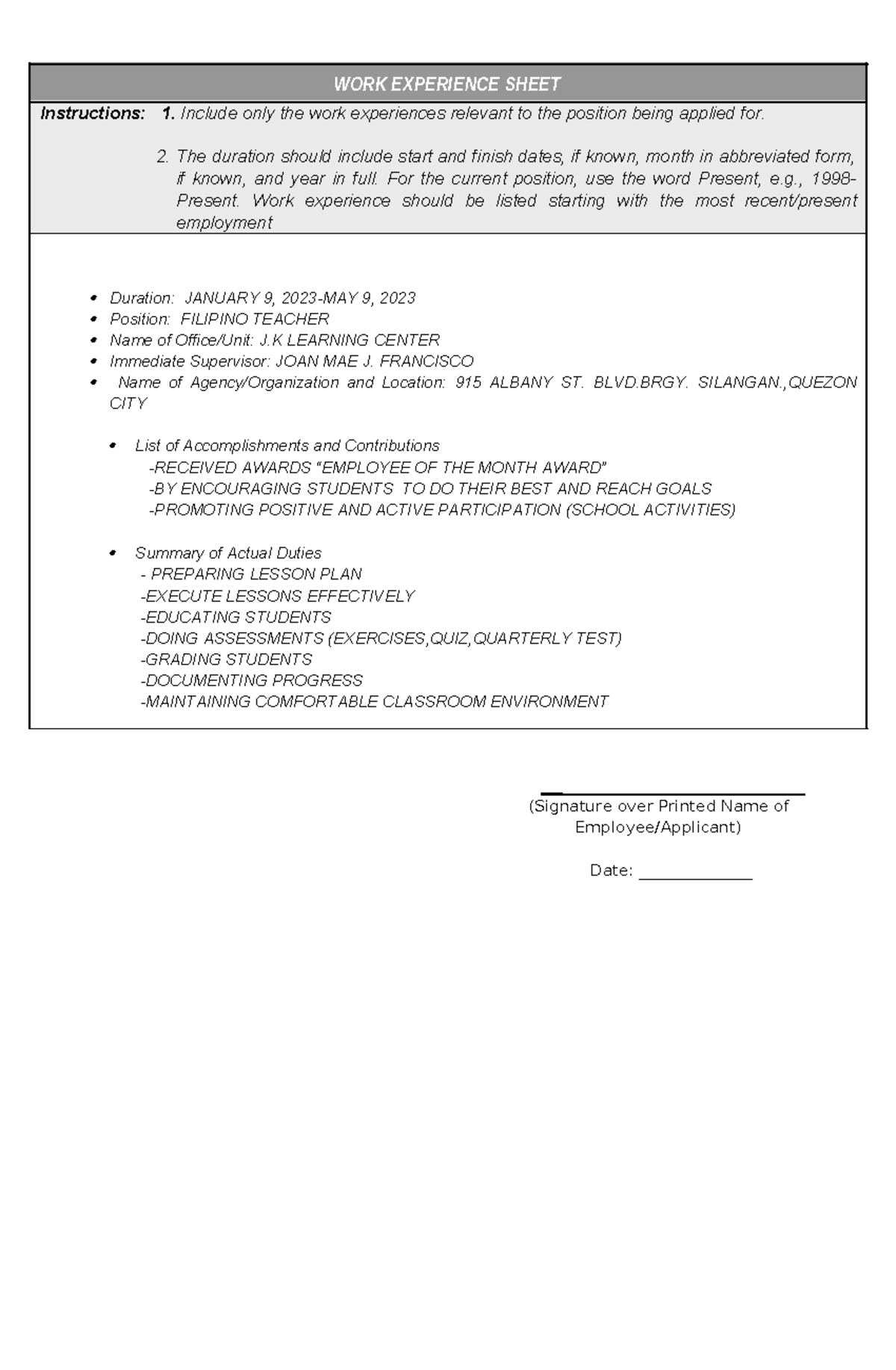 CS-Form-No.-212-Attachment-Work-Experience-Sheet - JULY 2022 ...