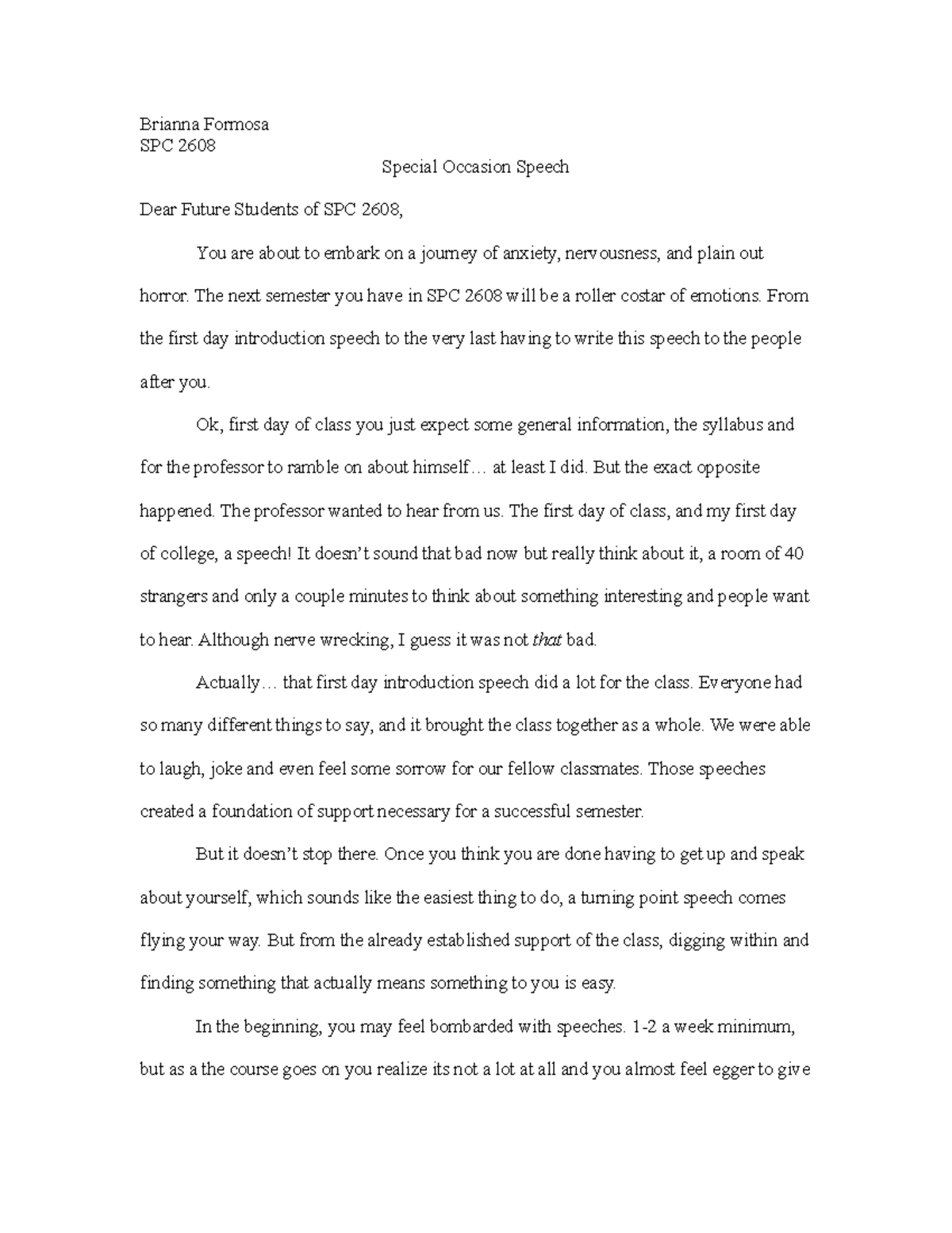 Special Occasion Speech Brianna Formosa SPC 2608 Special Occasion 