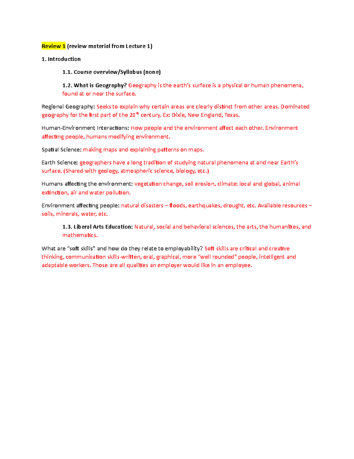 Geography Lecture Notes 1 - Review 1 (review Material From Lecture 1 ...