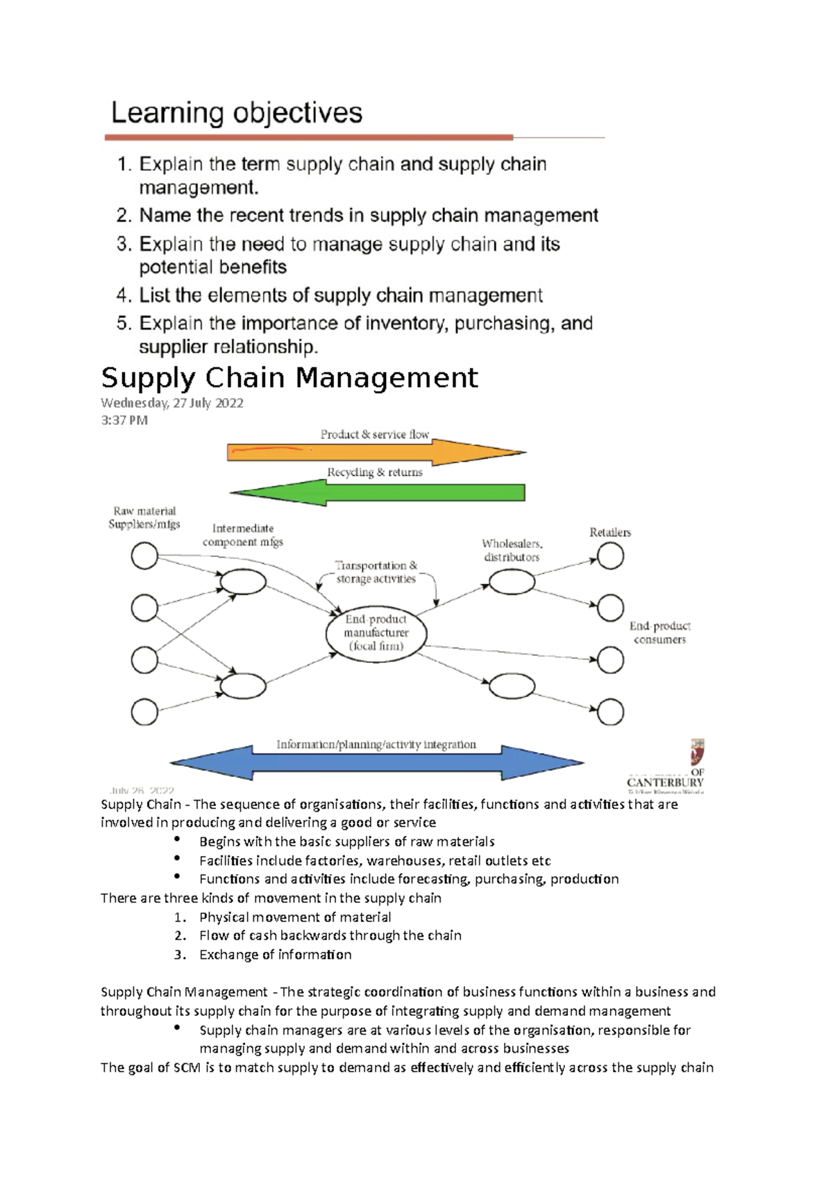Supply Chain Management Notes - Supply Chain Management Wednesday, 27 ...