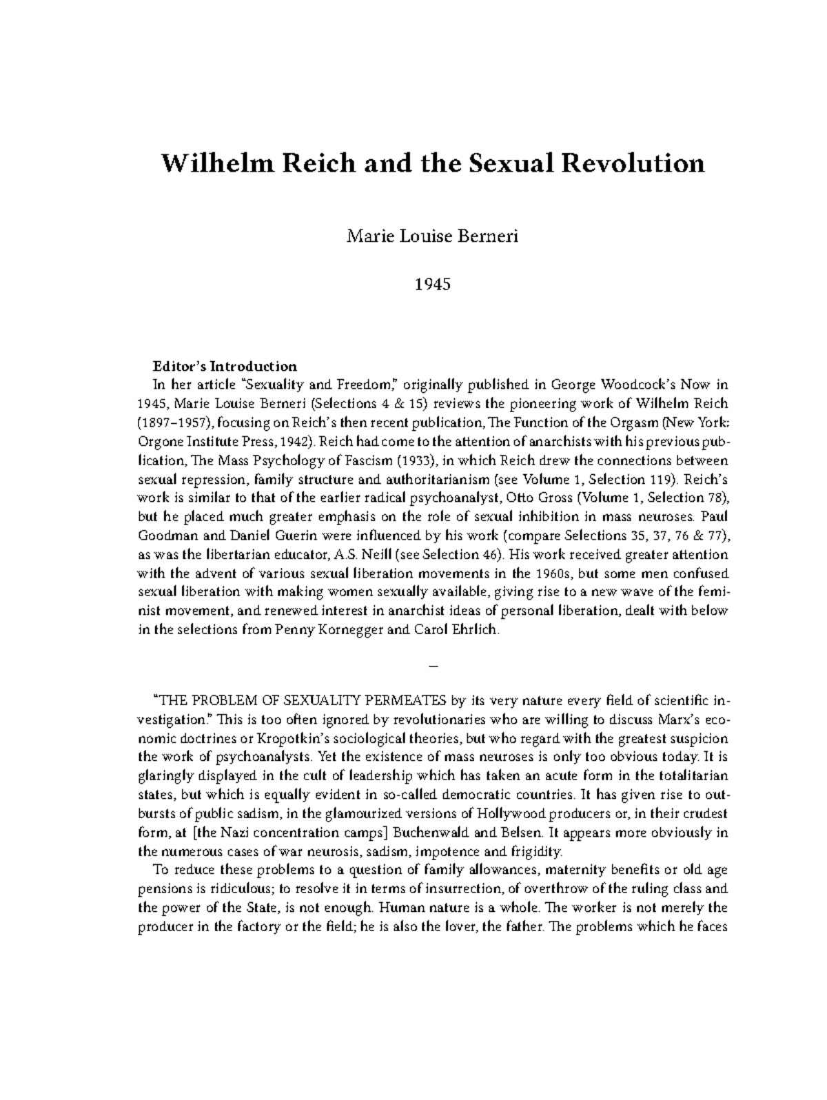 Marie Louise Berneri Wilhelm Reich And The Sexual Revolution Wilhelm