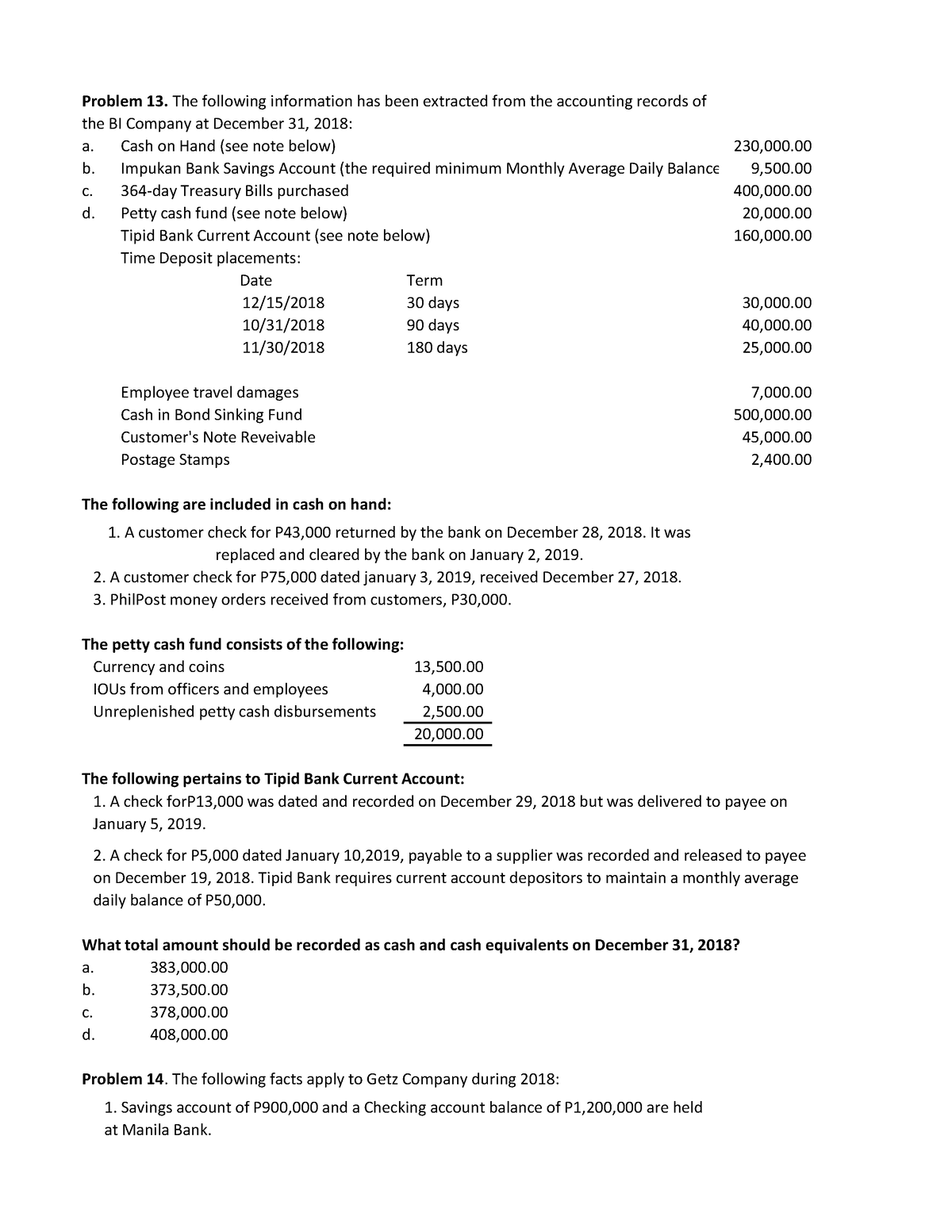 HO 1 - Cash and Cash Equivalents 2 - a. Cash on Hand (see note below ...