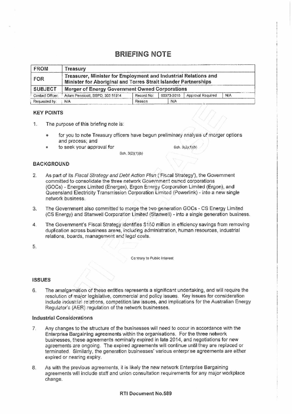 Example Briefing Note - BRIEFING NOTE FROM Treasury FOR Treasurer ...