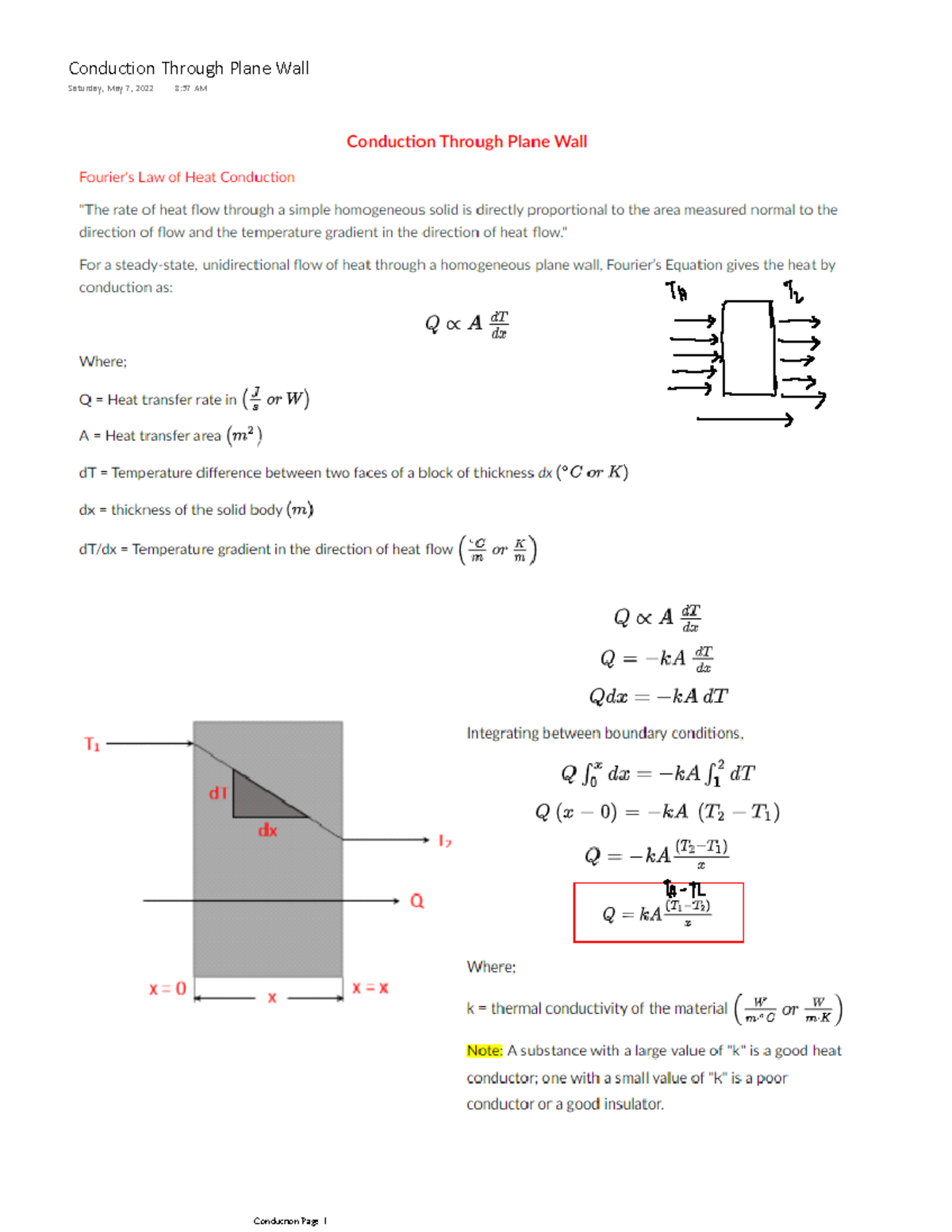 Conduction Walls - Lecture notes - Conduction Through Plane Wall ...