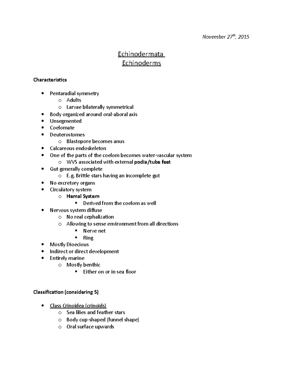 BIO 2122 - class notes - Chapter 22 - Echinodermata - November 27th ...
