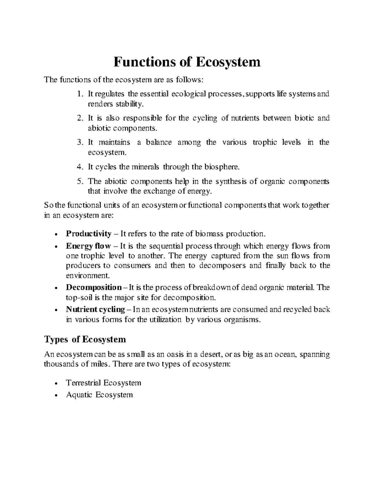 Functions and types of Ecosystem - Functions of Ecosystem The functions ...