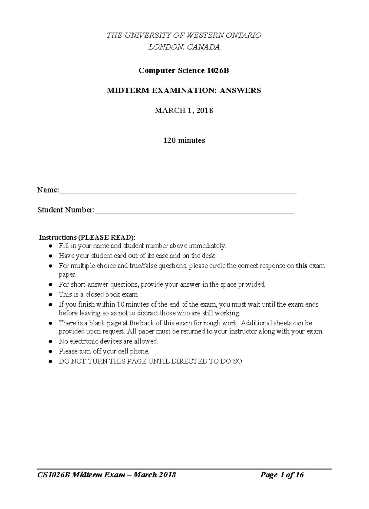Midterm 1 March Winter 2018, questions and answers - THE UNIVERSITY OF ...