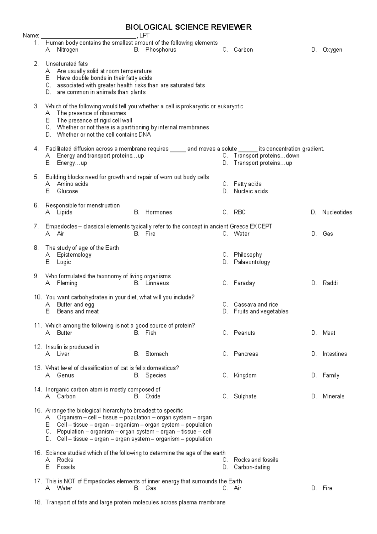 LET Biological Science Reviewer - BIOLOGICAL SCIENCE REVIEWER Name