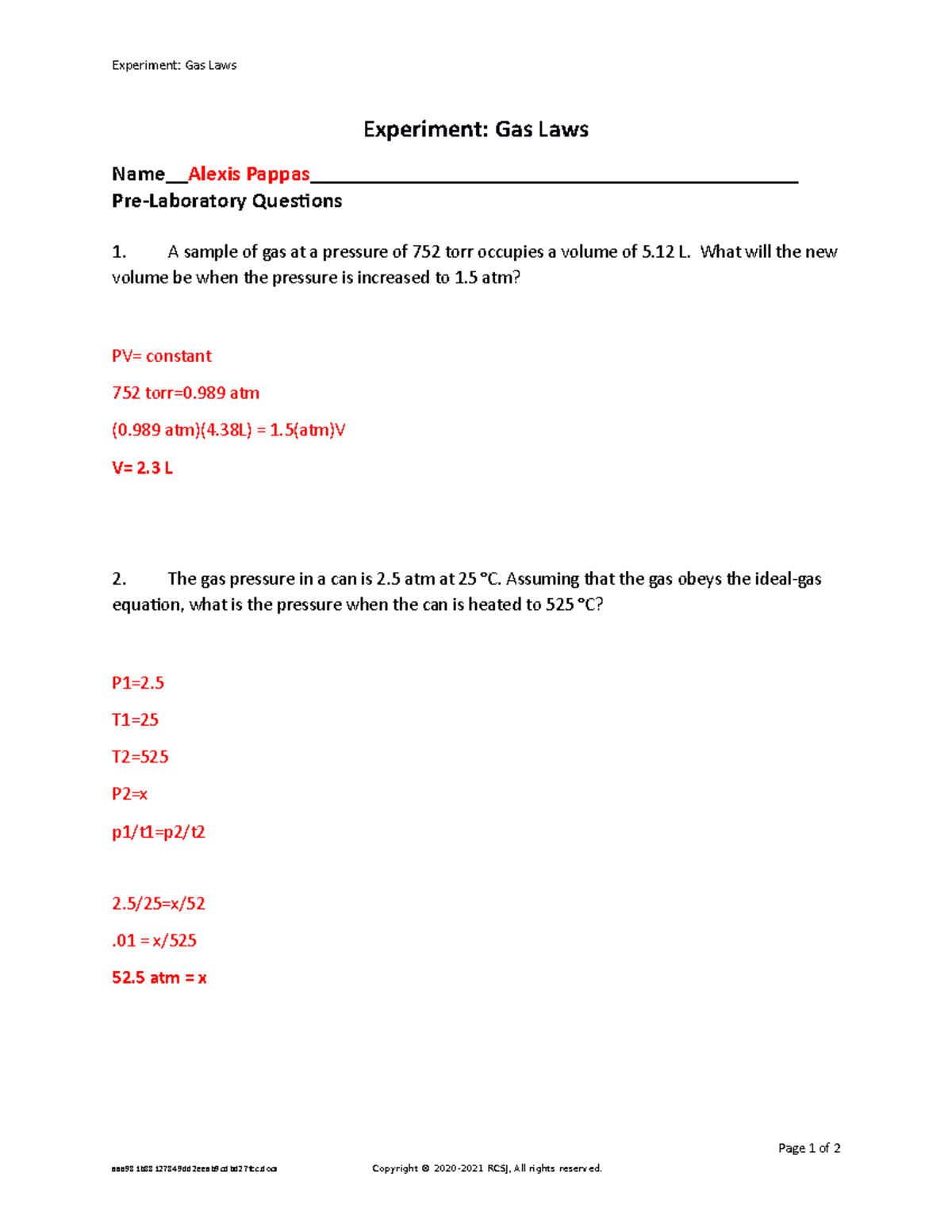 Gas Laws Prelab Assignment Experiment Gas Laws Experiment Gas Laws