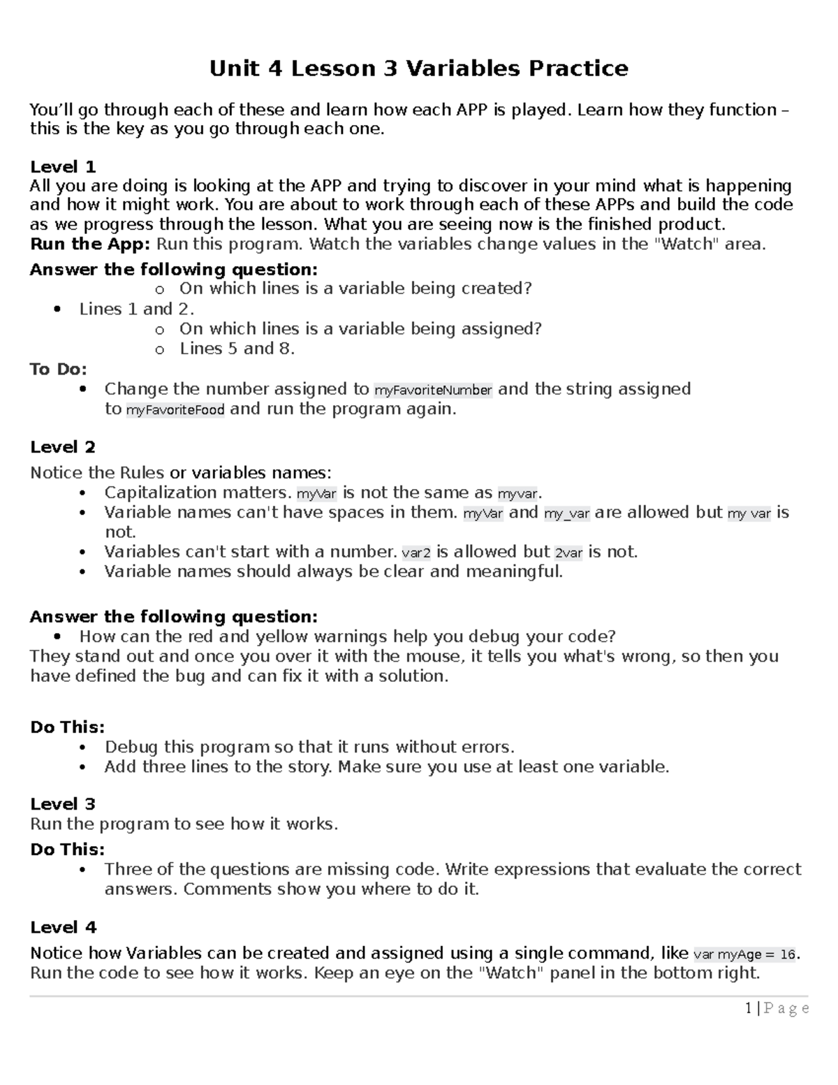 code org unit 4 lesson 3 variables practice