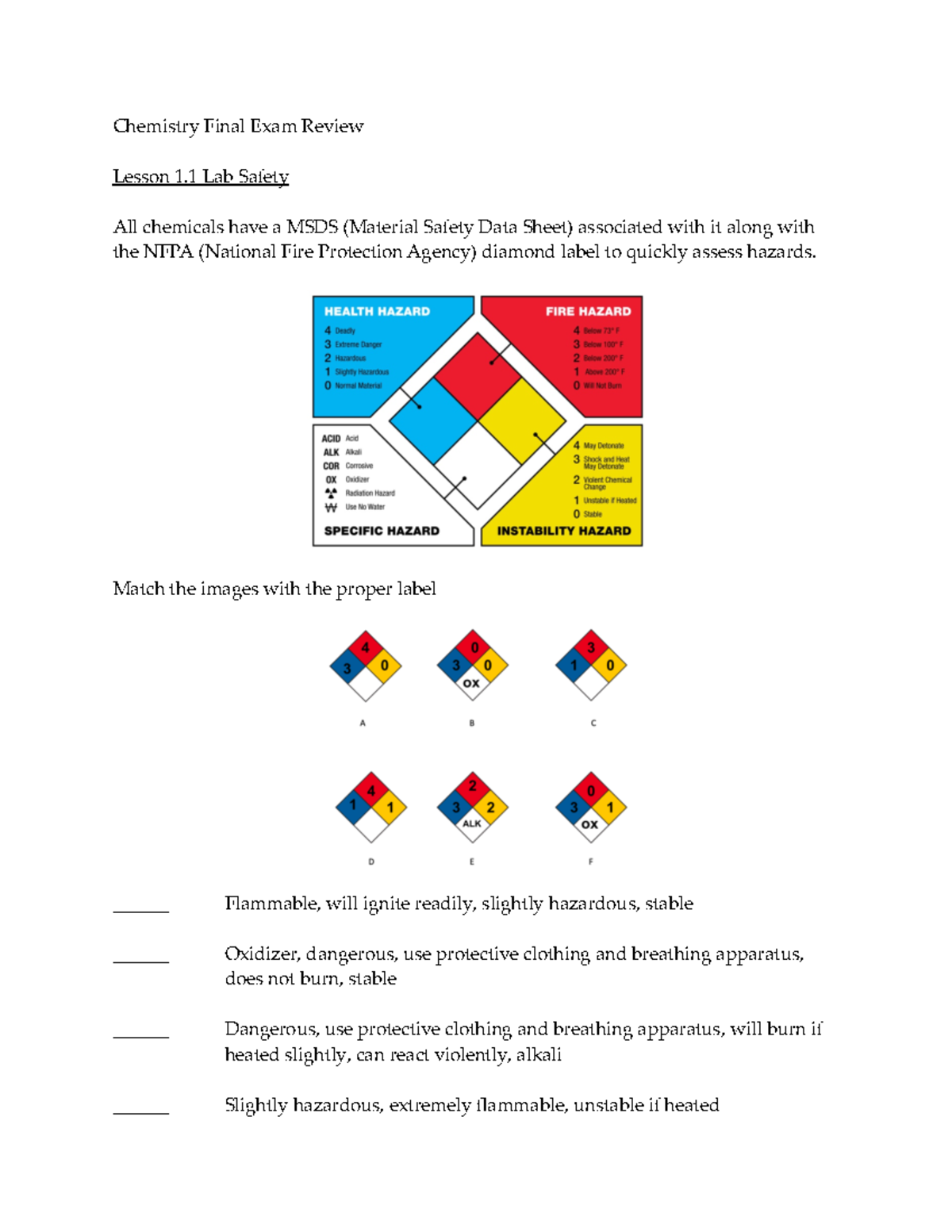 Chemistry Final Exam Review - Chemistry Final Exam Review Lesson 1 Lab ...