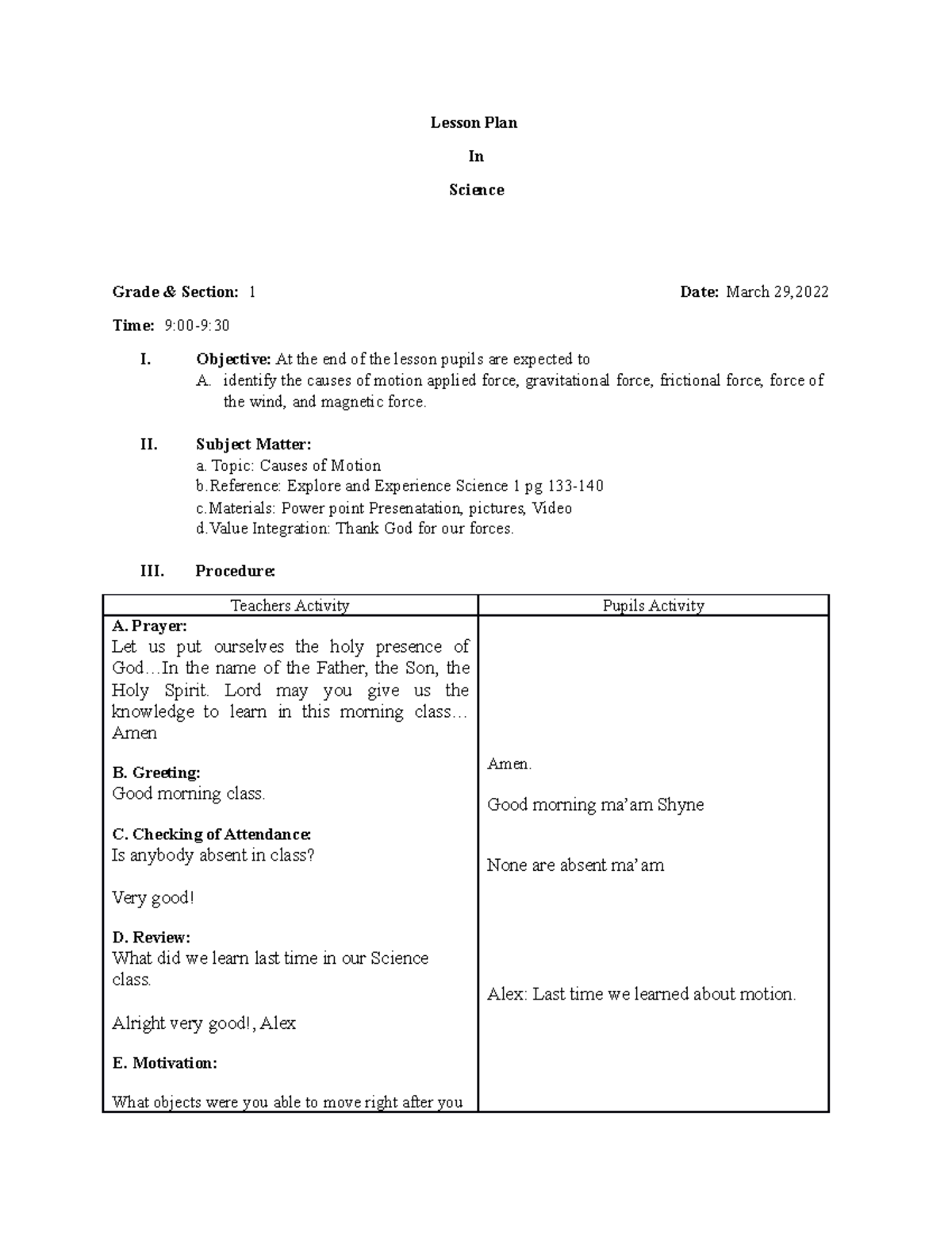 Force Science 1 WEEK 1 - Lesson Plan In Science Grade & Section: 1 Date ...