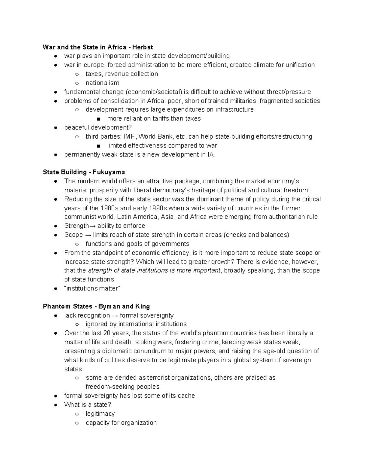 Polysci readings War and the State in Africa Herbst war plays an