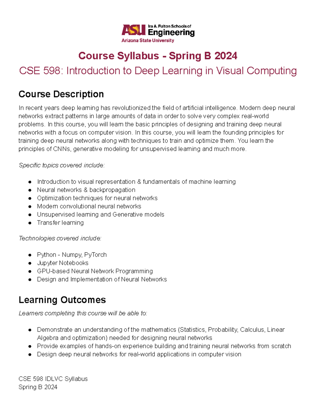 CSE 598 Idlvc Spring B 2024 Syllabus-2 - Course Syllabus - Spring B ...