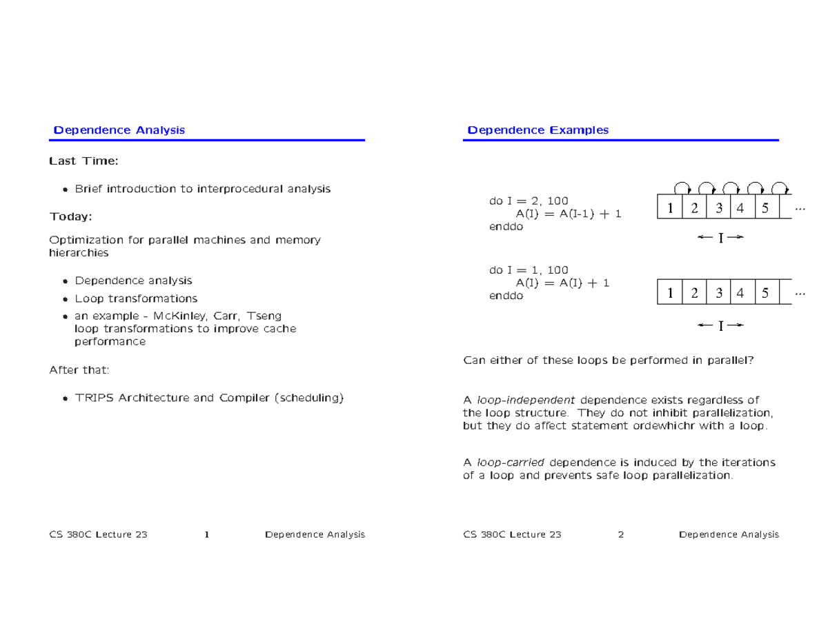 Performance Enhancement - Dependence Analysis Last Time: Brief ...