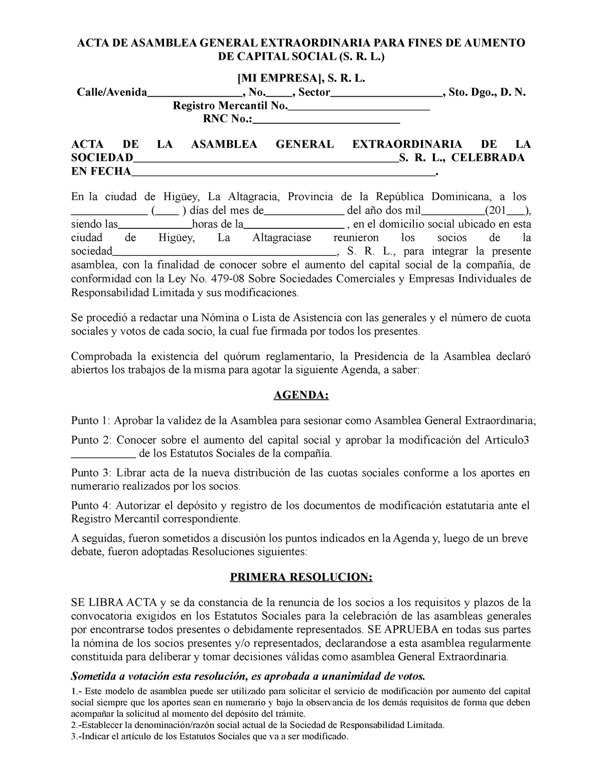 Acta De Asamblea General Extraordinaria Para Fines De Aumento De