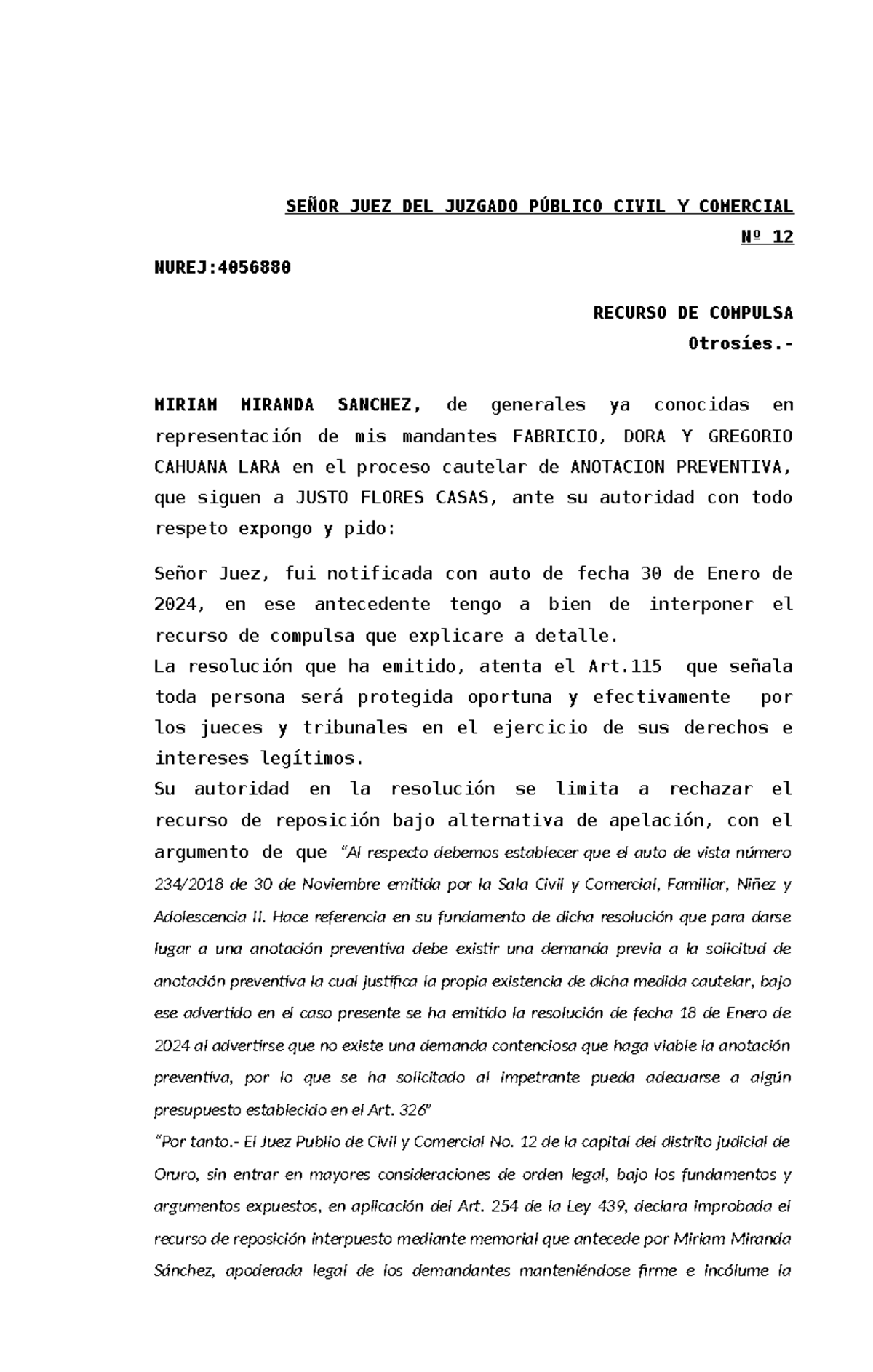 Compulsa Bolivia - SEÑOR JUEZ DEL JUZGADO PÚBLICO CIVIL Y COMERCIAL Nº ...