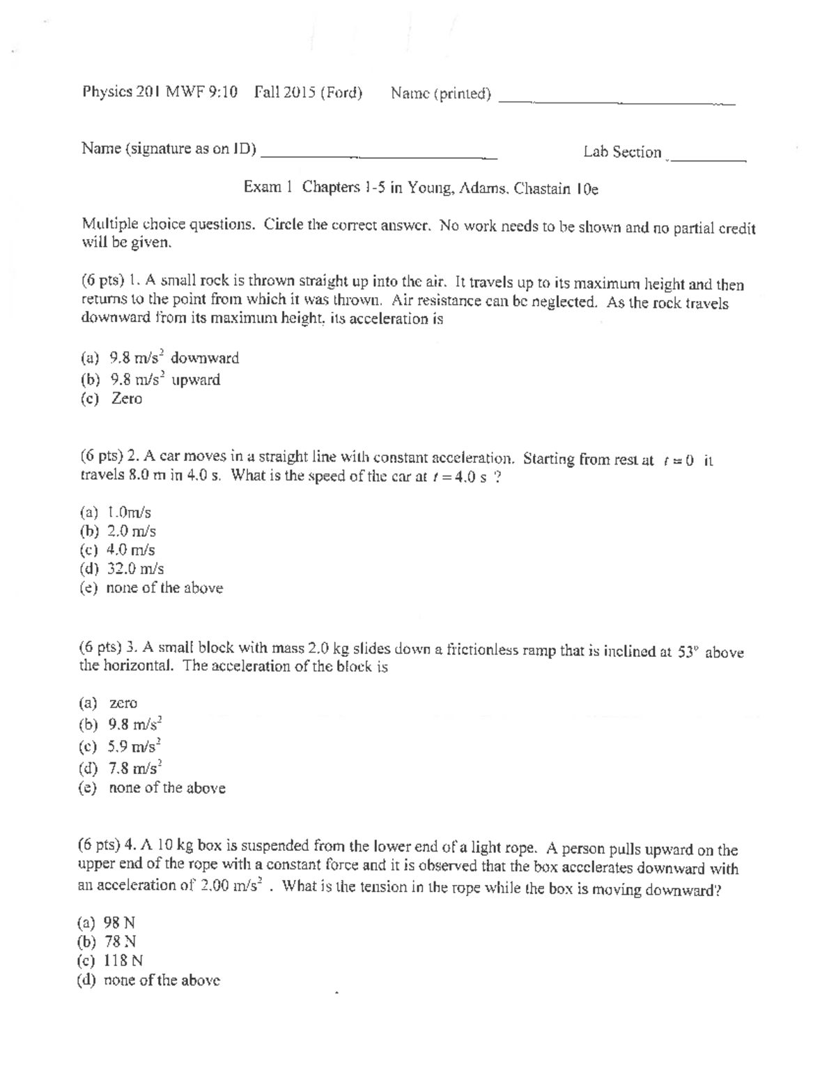 Ex1f15noans - practice exam 1 - PHYS 201 - Studocu