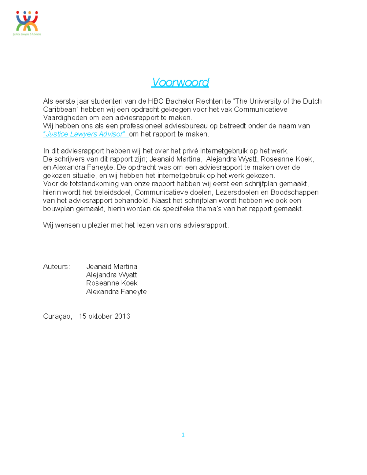 Werkstuk "Adviesrapport internetgebruik op het werk"  cijfer 7.5