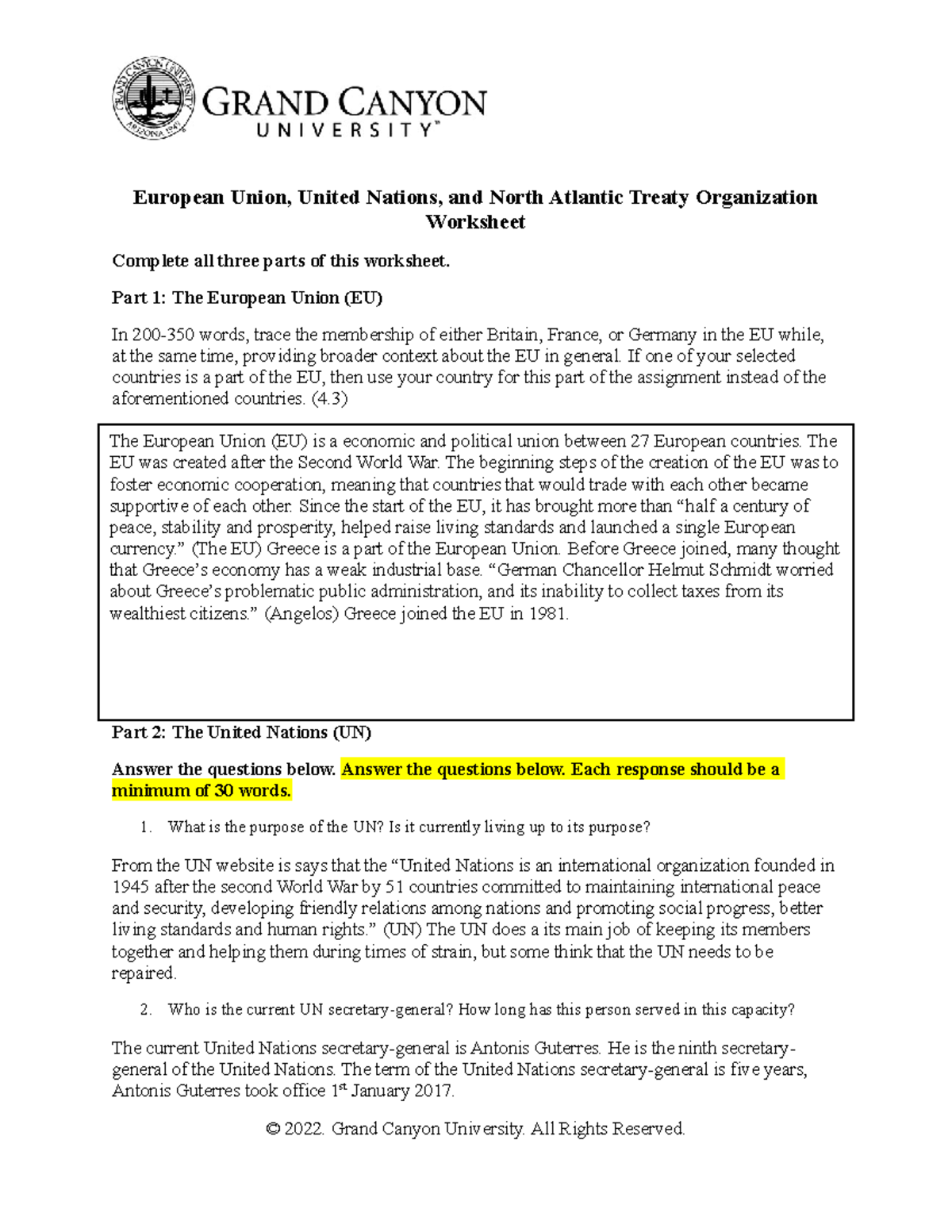 GOV-210 Topic 4 Worksheet - European Union, United Nations, and North ...