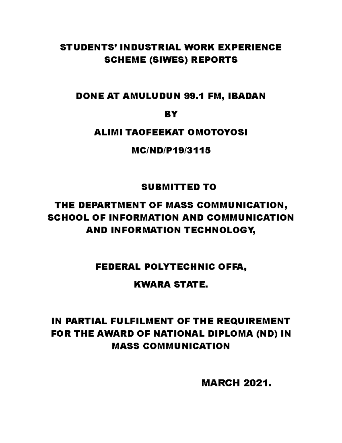 Students Industrial Work Experience Sche STUDENTS’ INDUSTRIAL WORK